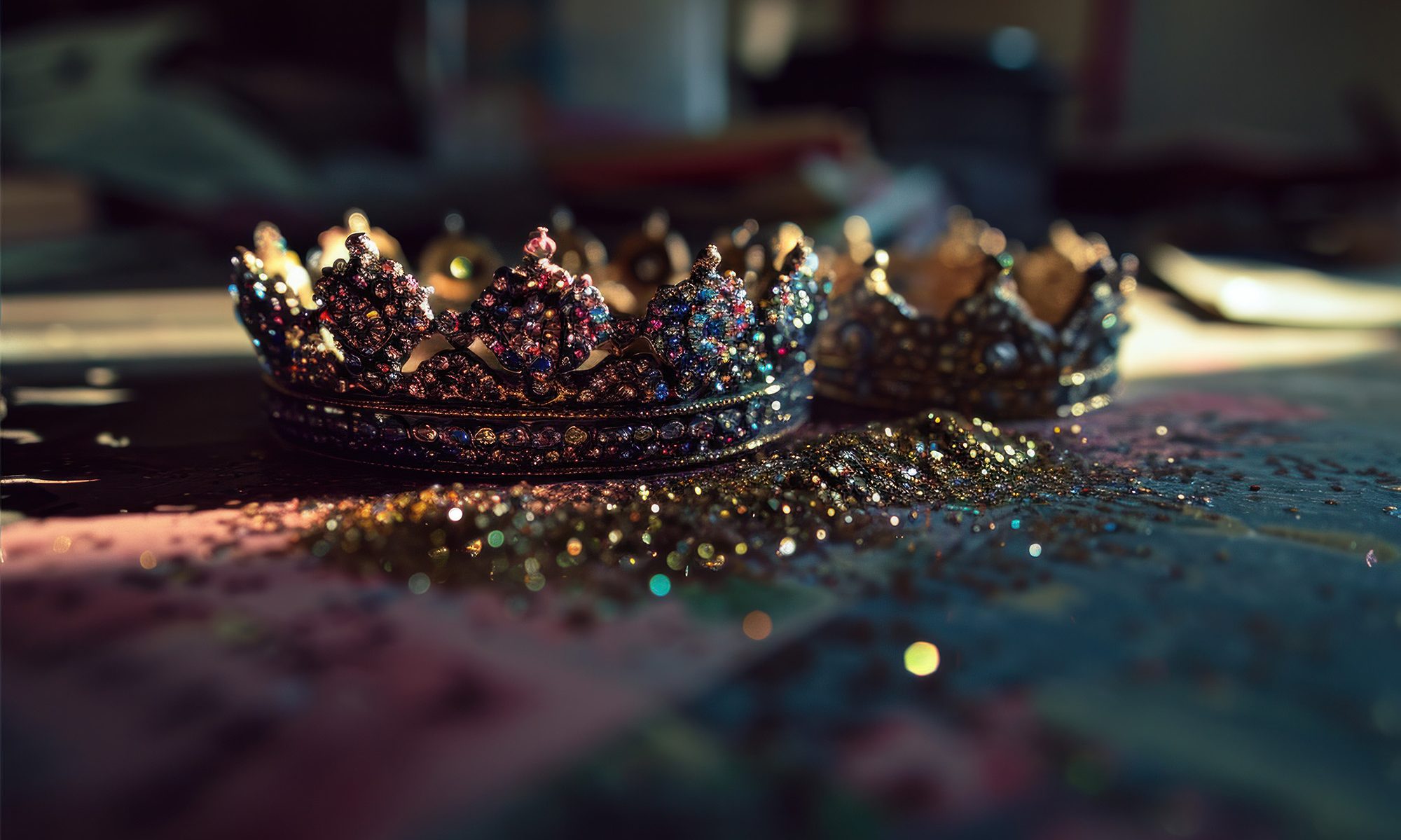 two glittering crowns sit on cloth-covered surface in shadow, surrounded by glitter.